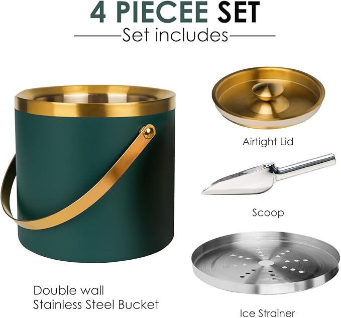 3L Double-Wall Insulated Stainless Steel Ice Bucket with scoop for Cocktail Bar - Metal Ice Bucket for freezer with Lid for parties,Camping,and More!champagne bucket,bar cart accessories