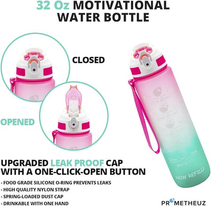 PROMETHEUZ Sports Water Intake Reminder Bottle with Time Marker and Straw, Leakproof Tritan BPA-Free, Fast Flow, Dark Pink Purple Mint, 32 oz
