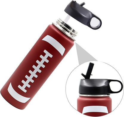 22 oz Football Water Bottle, Flask Sports with 2 Lids Double Wall Vacuum Insulated Stainless Steel Wide Mouth Hot & Cold Thermo Mug (22oz, Football)