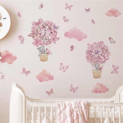 Bear Flower Butterfly Pink Clouds Wall Stickers for Girls Room Hot Air Balloon Baby Nursery Decor Wall Decal