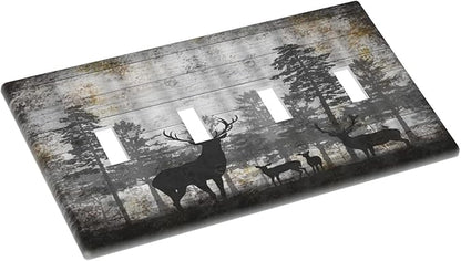 Rustic Deer Forest Vintage Wood Board Quad Toggle Boho Light Switch Covers Decorative Country Unique 4 Gang Wall Plate Electrical Faceplate Switchplate for Farmhouse Bedroom Decor