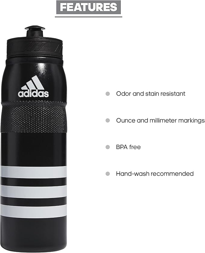 adidas unisex adult 750 Ml (28 Oz) Stadium Refillable Plastic sports water bottles, Black/White, One Size US