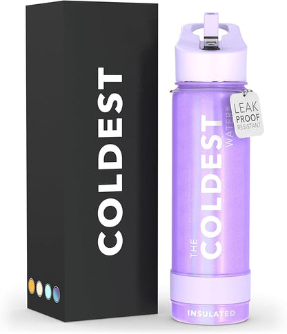 Coldest Sports Water Bottle with Straw Lid Vacuum Insulated Stainless Steel Metal Thermos Bottles Reusable Leak Proof Flask for Sports Gym (18 oz, Saturn's Moon Purple Glitter)