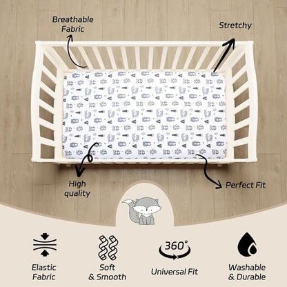 4 Pack Woodland Forest Animals Wood Neutral Unisex Fitted Baby Crib Sheets Set for Baby Boys or Girls Black and White