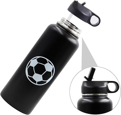 40 oz Soccer Water Bottle, Wide Mouth Travel Sports Flask with 2 Lids（Straw Lid+Flex Cap）BPA Free 18/8 Stainless Steel Double Wall Vacuum Insulated Water Bottles (40oz, Soccer)