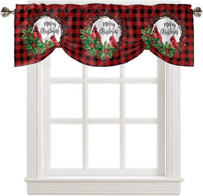 Merry Christmas Blackout Tie Up Valance Curtains for Kitchen Windows Winter Cardinal Holly Berries Window Toppers Balloon Shades for Living Room/Bathroom/Bedroom,1 Panel,54" X 18" Red Black Plaid