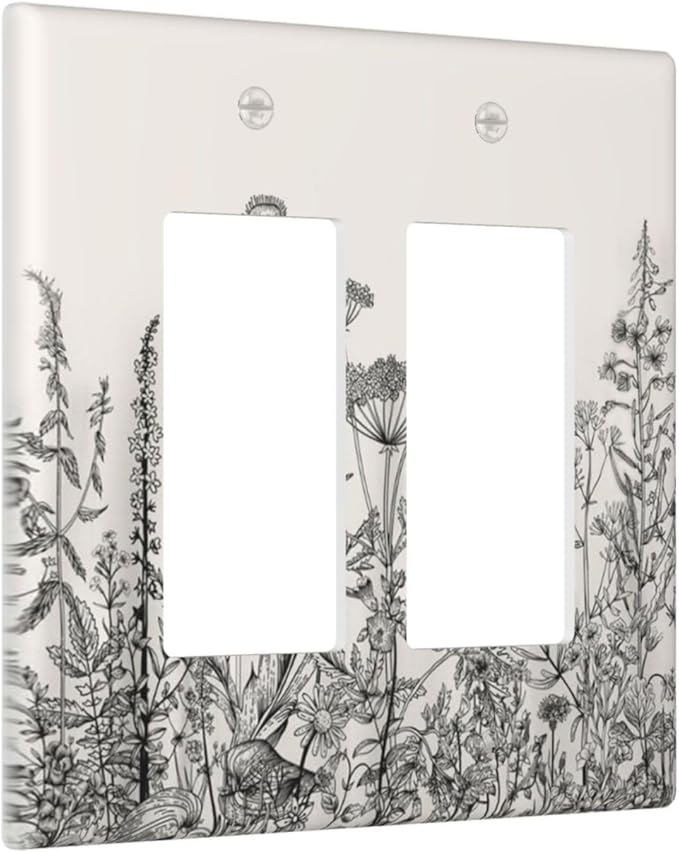Vintage Grey Floral Herbs Wild Flowers Botanical 2 Gang Rocker Decora Boho Light Switch Covers Decorative Country Unique Dual Outlet Covers Wall Plate Electrical Faceplate Switchplate GFCI