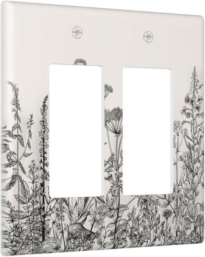 Vintage Grey Floral Herbs Wild Flowers Botanical 2 Gang Rocker Decora Boho Light Switch Covers Decorative Country Unique Dual Outlet Covers Wall Plate Electrical Faceplate Switchplate GFCI