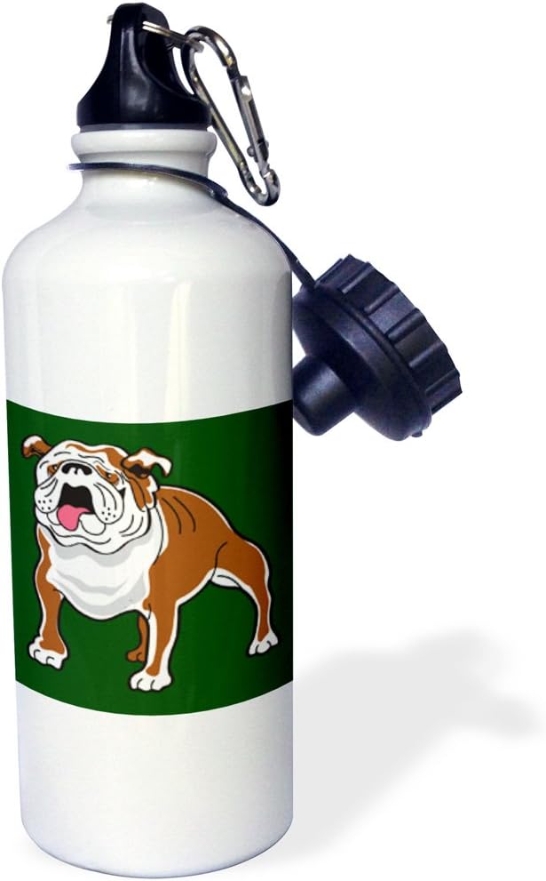3dRose "Retro Style Animal Pet Dog Realistic Brown And Bulldog Cartoon Dark Green Background" Sports Water Bottle, 21 oz, White
