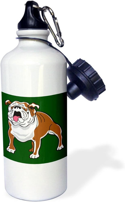 3dRose "Retro Style Animal Pet Dog Realistic Brown And Bulldog Cartoon Dark Green Background" Sports Water Bottle, 21 oz, White