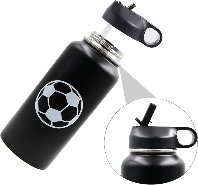 32 oz Soccer Water Bottle, Wide Mouth Travel Sports Flask with 2 Lids（Straw Lid+Flex Cap）BPA Free 18/8 Stainless Steel Double Wall Vacuum Insulated Water Bottles (32oz, Soccer)