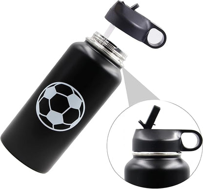 32 oz Soccer Water Bottle, Wide Mouth Travel Sports Flask with 2 Lids（Straw Lid+Flex Cap）BPA Free 18/8 Stainless Steel Double Wall Vacuum Insulated Water Bottles (32oz, Soccer)