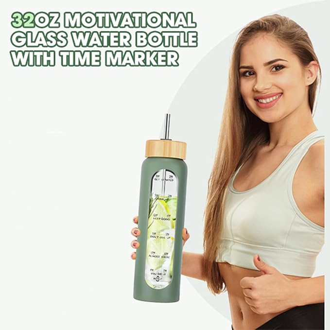 32 oz Glass Water Bottles with Straw - Motivational Glass Water Bottle with Time Marker & Silicone Sleeve(black)