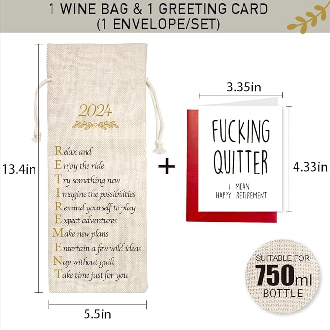 2024 Retirement Gifts for Woman Men, Funny 2024 Retirement Wine Bag Gifts for Colleagues BBF Coworkers Boss Doctors Nurse Teachers Friends Retirees Employees, 1 Wine Bag with 1 Funny Retirement Card