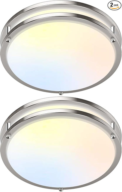 12 Inch 36W LED Ceiling Lights, 2700K/3000K/4000K/5000K/6500K Adjusted Flush Mount Ceiling Light, 3000LM Super Bright Dimmable Brushed Nickel Lighting Lamp Fixture for Bedroom Bathroom Dining, 2-Pack