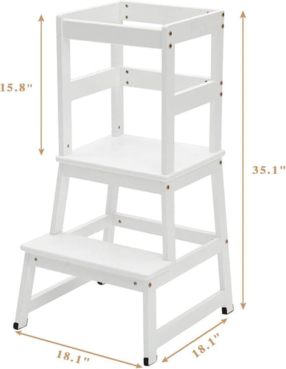 Kitchen Step Stool for Toddlers and Kids with Safety Rails for Kitchen Counter Solid Wood (White)