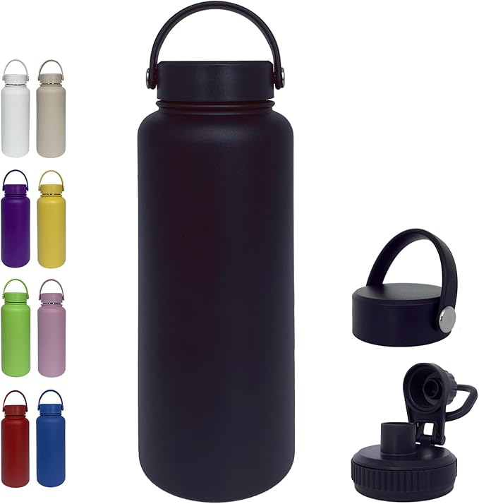 40oz Insulated Water Bottle ，Stainless Steel Sports Water Cup Flask with 2 Lids, Wide Mouth Travel Thermal Mug,Outdoor Sports Bottle（Blue Black）