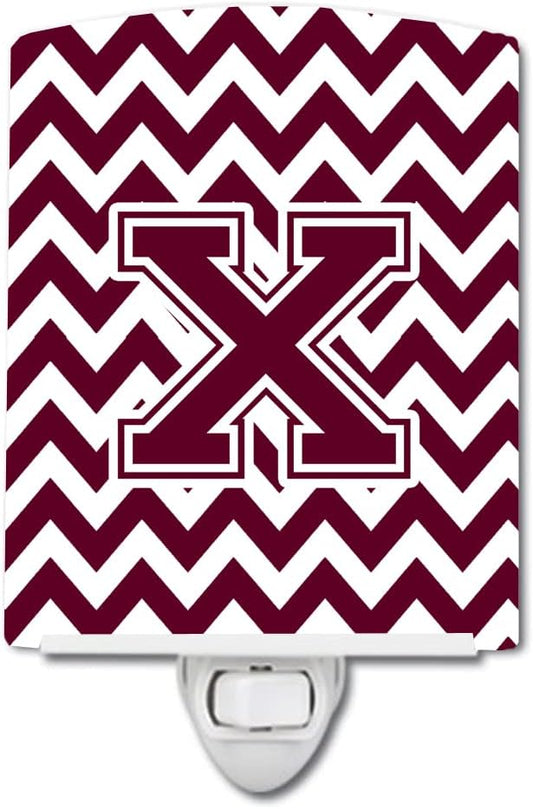 Caroline's Treasures CJ1051-XCNL Letter X Chevron Maroon and White Ceramic Night Light Compact, UL-Certified, Ideal for Bedroom, Bathroom, Nursery, Hallway, Kitchen, 6x4x3, Multicolor