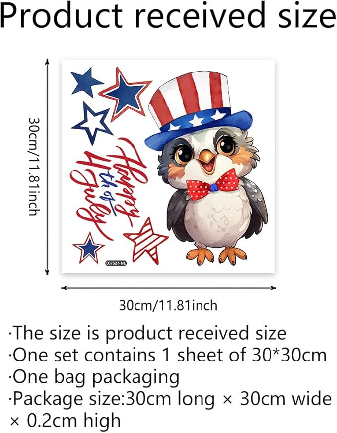 4th of July Owl Window Clings, USA Independence Memorial Day Summer Holiday Window Stickers