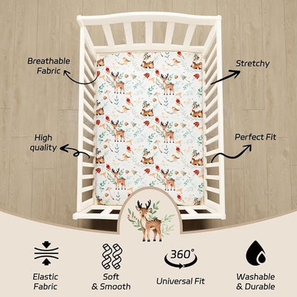 4 Pack Woodland Forest Animals Wood Neutral Unisex Fitted Baby Crib Sheets Set for Baby Boys or Girls (Beer, 52 * 28)