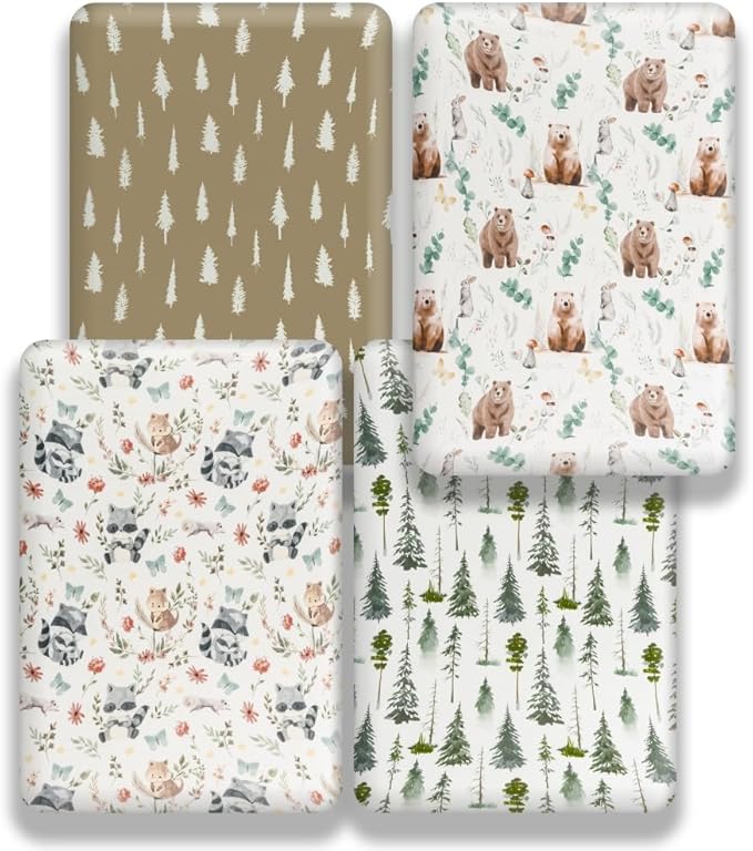 4 Pack N Play Sheets Woodland Forest Animals Wood Neutral Unisex Fitted Baby N Play Sheets Fitted for Standard Pack and Plays and Mini Cribs Set for Baby Boys or Girls (Cartoon Beer)