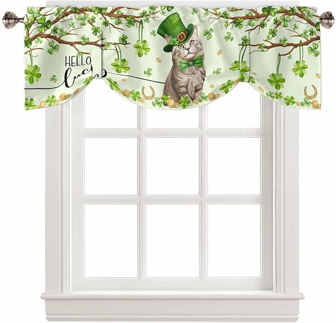 Lucky Cat St. Patrick's Day Blackout Tie Up Valance Curtains for Kitchen Windows Green Spring Shamrocks Tree Window Toppers Balloon Shades for Living Room/Bathroom/Bedroom,1 Panel, 60" X 18"