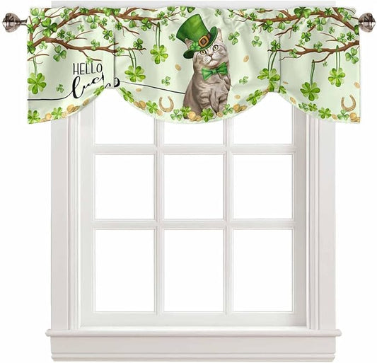 Lucky Cat St. Patrick's Day Blackout Tie Up Valance Curtains for Kitchen Windows Green Spring Shamrocks Tree Window Toppers Balloon Shades for Living Room/Bathroom/Bedroom,1 Panel, 60" X 18"