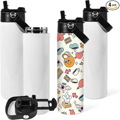 AGH 20oz Sublimation Sports Water Bottle Blanks with Straw & Handle Lid Straight Tumblers Stainless Steel Metal Vacuum Insulated Flask for Glitter Vinyl, Sport Outdoor Travel 4pcs