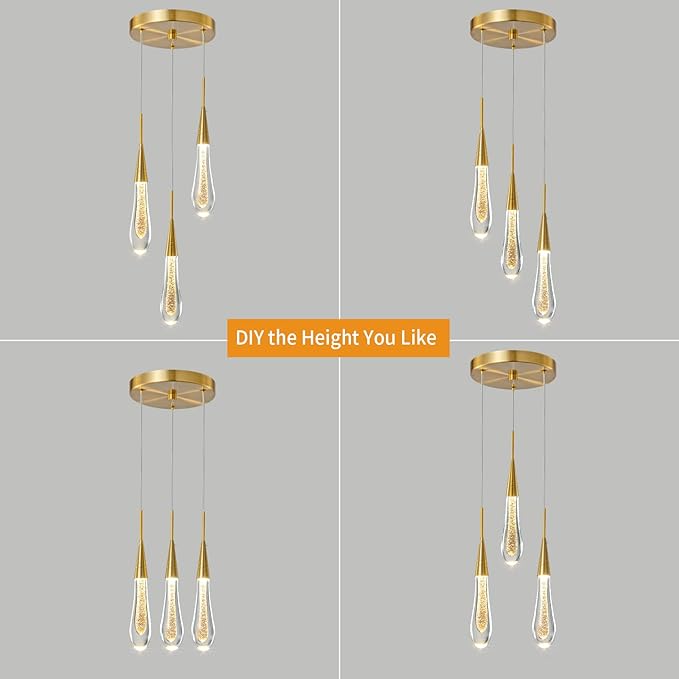 LMQNINE Kitchen Light Fixtures Ceiling Dimmable LED Modern Gold Pendant Light Mini Teardrop Crystal Pendant Light for Kitchen Island Bedroom Hallway Entryway (3-Light)