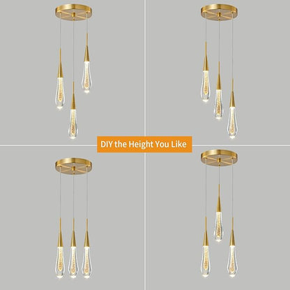 LMQNINE Kitchen Light Fixtures Ceiling Dimmable LED Modern Gold Pendant Light Mini Teardrop Crystal Pendant Light for Kitchen Island Bedroom Hallway Entryway (3-Light)