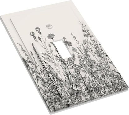 Vintage Grey Floral Herbs Wild Flowers Botanical 1 Gang Boho Light Switch Covers Decorative Country Single Toggle Wall Plate Switchcover Electrical Switchplate for Bedroom Decor