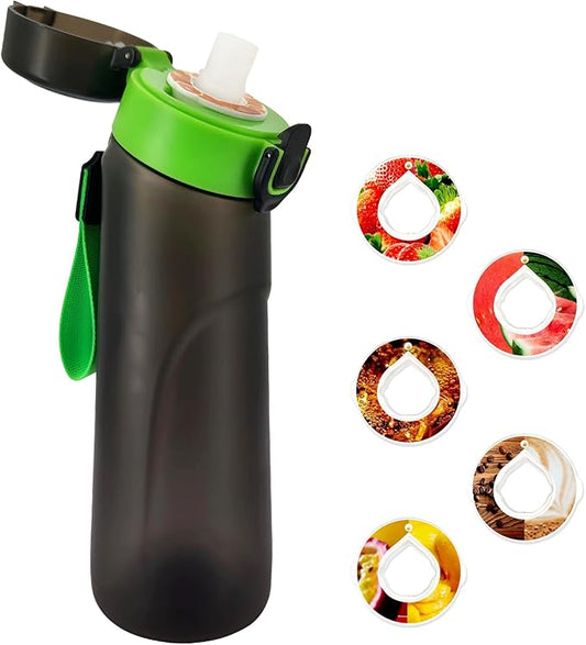 Air Water Bottle with Flavor Pods, 25 OZ Tritan Sports Water Bottle with Straw, Scented Water Bottle with Handle (Black Green+5 Flavor Pods)