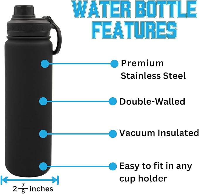 LSU Water Bottle - Black Double Walled Stainless Steel 24 oz Keeps Drinks Cold or Hot
