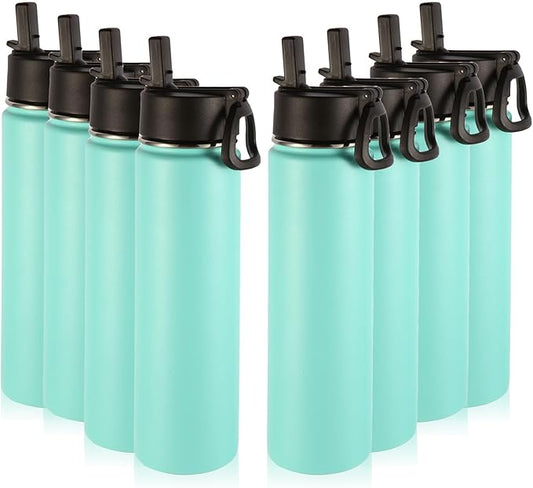 Volhoply 24oz Insulated Water Bottle With Straw Bulk 8 Pack,Metal Wide Mouth Water Bottles With Handle Lid Keep Cold,Reusable Double Wall Thermos,Powder Coated Sport Bottle For Holder(Mint,8 Count)
