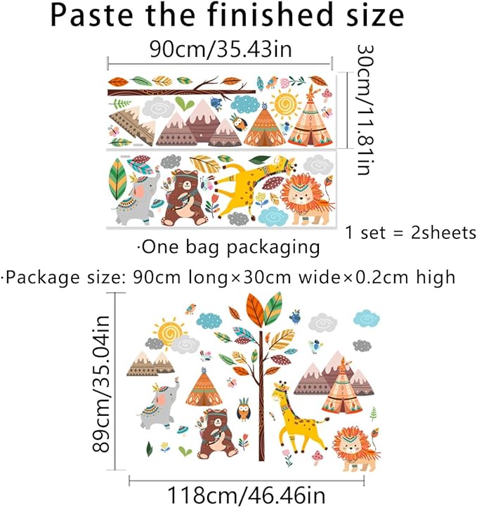 Jungle Animals Nursery Wall Decals for Kids Room Decor, Baby Nursery Wall Sticker Set of 2