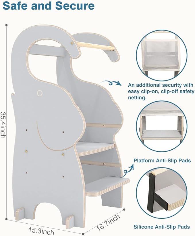 PP OPOUNT Toddler Kitchen Stool, 3-Level Adjustable Toddler Tower, Wood Step Stools for Kids with Safety Protective Net and Non-Slip Mat, Elephant Style, Solid Wood Gray