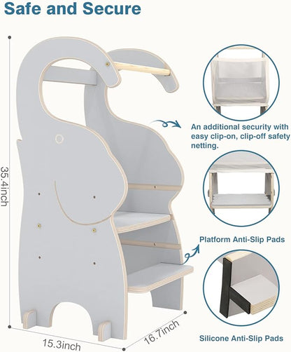 PP OPOUNT Toddler Kitchen Stool, 3-Level Adjustable Toddler Tower, Wood Step Stools for Kids with Safety Protective Net and Non-Slip Mat, Elephant Style, Solid Wood Gray