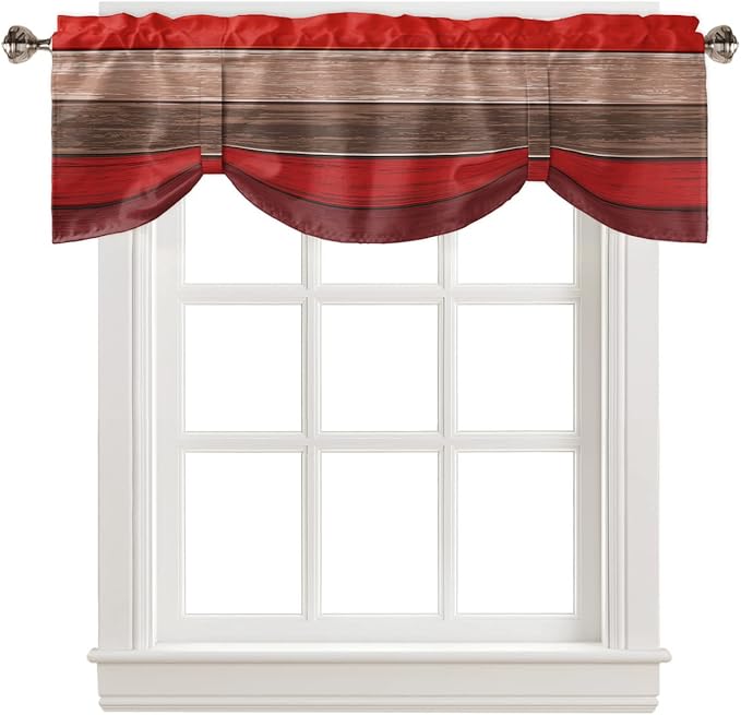 Farmhouse Blackout Tie Up Valance Curtains for Kitchen Windows, Christmas Red Brown Window Toppers Balloon Shades for Living Room/Bathroom/Bedroom,1 Panel,54" X 18" Retro Rustic Barn Wood Texture