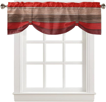 Farmhouse Blackout Tie Up Valance Curtains for Kitchen Windows, Christmas Red Brown Window Toppers Balloon Shades for Living Room/Bathroom/Bedroom,1 Panel,54" X 18" Retro Rustic Barn Wood Texture