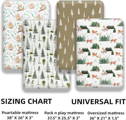 4 Pack N Play Sheets Woodland Forest Animals Wood Neutral Unisex Fitted Baby N Play Sheets Fitted for Standard Pack and Plays and Mini Cribs Set for Baby Boys or Girls (Paint Fox)