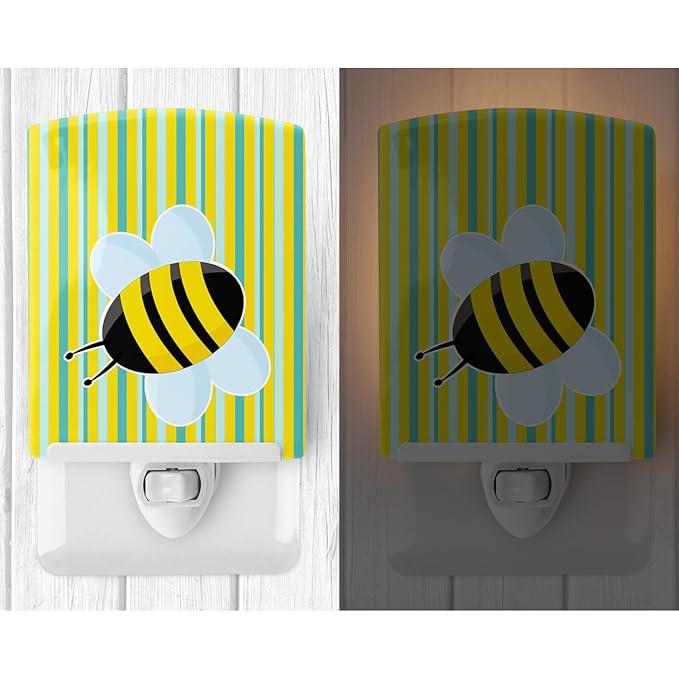 Caroline's Treasures BB8597CNL Bee on Stripes Ceramic Night Light Compact, UL-Certified, Ideal for Bedroom, Bathroom, Nursery, Hallway, Kitchen, 6x4x3, Multicolor