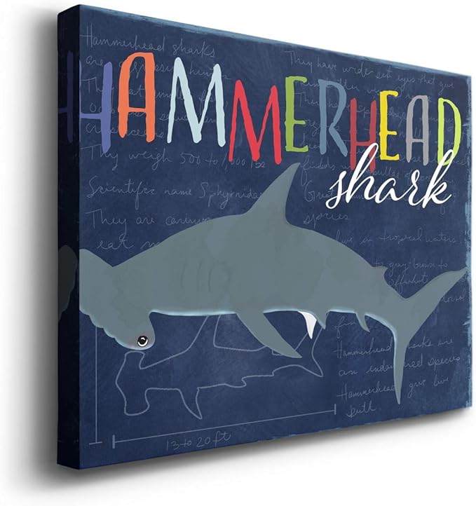 Renditions Gallery Canvas Animal Wall Art Modern Decorations Paintings Colorful Playful Hammerhead Shark Abstract Vibrant Lifestyle Artwork Prints for Kids Bedroom Nursery - 12"x18" LT33