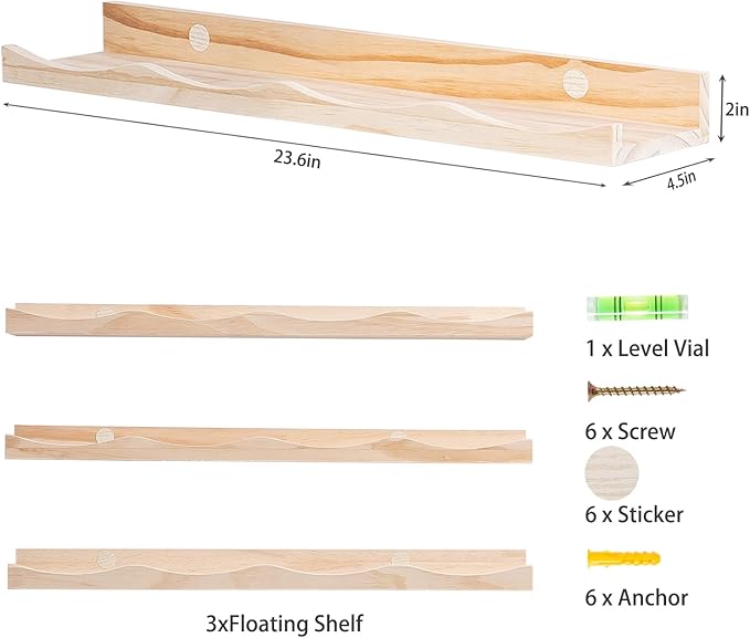 AZSKY Nursery Book Shelves for Kids, Picture Ledge Shelf for Wall Decor and Storage, Floating Photo Shelves with Lip for Picture Frames (Natural Wood, 23.6 Inches Set 3)