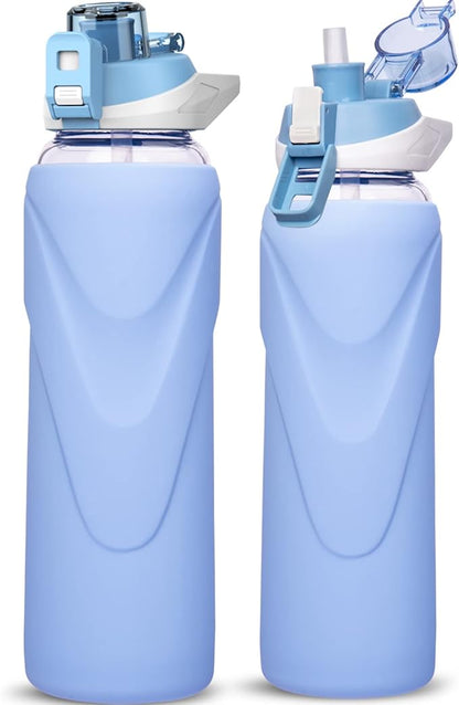 32 oz Sports Glass Water Bottle with Straw & Silicone Sleeve Reusable BPA-free Borosilicate Glass Drinking Bottle with Flip Top Lid & Handle Wide Mouth (Sky Blue)