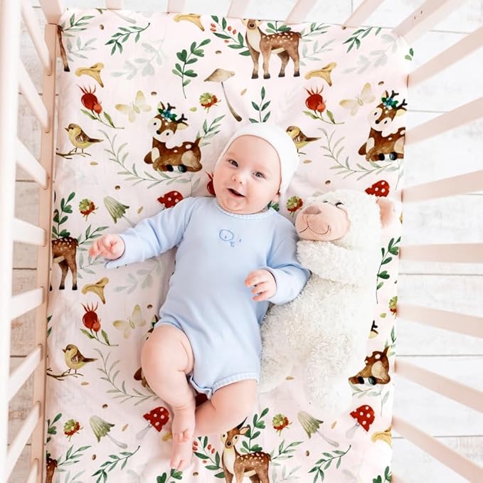4 Pack N Play Sheets Woodland Forest Animals Wood Neutral Unisex Fitted Baby N Play Sheets Fitted for Standard Pack and Plays and Mini Cribs Set for Baby Boys or Girls (Beer)