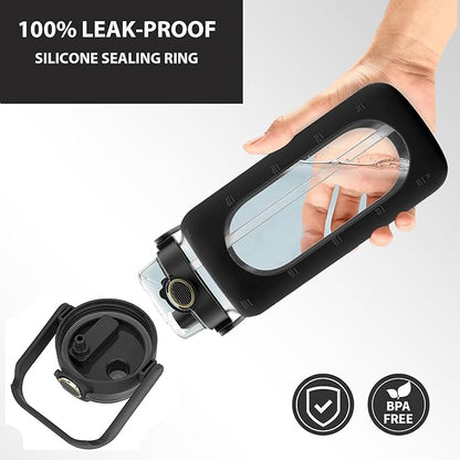 64oz Glass Water Bolttles with Straw，Motivational Half Gallon Water Bottle with Time Marker & Silicone Sleeve, Leakproof & BPA Free Reusable Clear Glass Water Jug for Gym Workout (Green)