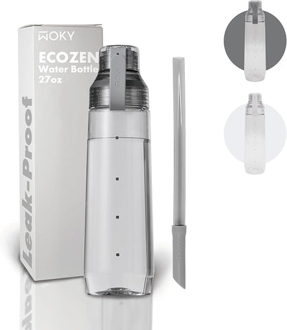 WOKY Ecozen 27oz Water Bottle - Clear Aesthetic Water Bottle with Silicone Carry Strap, Leak Proof Dishwasher Safe and Reusable, Ideal for Gym, Travel, and Everyday Use (Dark Gray)