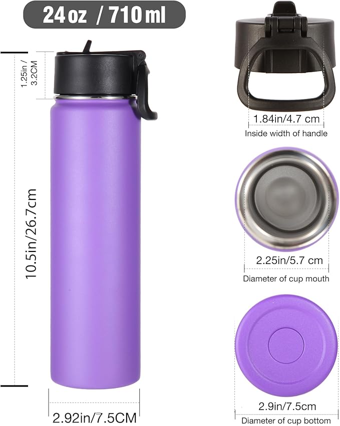 Volhoply 24oz Insulated Water Bottle With Straw Bulk 8 Pack,Metal Wide Mouth Water Bottles With Handle Lid Keep Cold,Reusable Double Wall Thermos,Powder Coated Sport Bottle For Holder(Purple,8 Count)