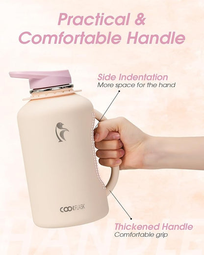 64oz Insulated Water Bottle, Coolflask Half Gallon Water Jug With Handle Straw Stainless Steel Double-Walled Vacuum Metal Large Flask With Strap Non-BPA Leakproof, Keep Cold 48 Hrs, Apricot Pink