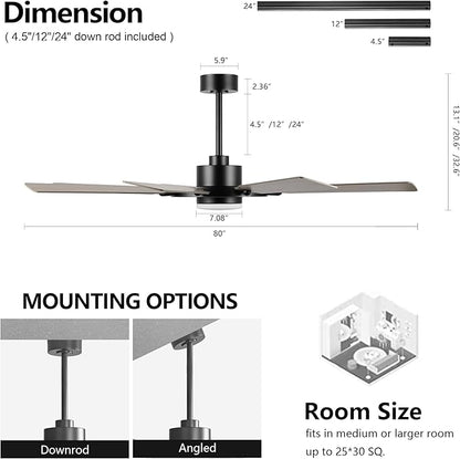 80" Ceiling Fan with Lights and Remote Control, Wood 8 Blades 6-Speed Noiseless Reversible DC Motor, 3 Downrods, Modern Indoor/Outdoor Ceiling fan for Office Porch Dining Living Room, Black+Wood